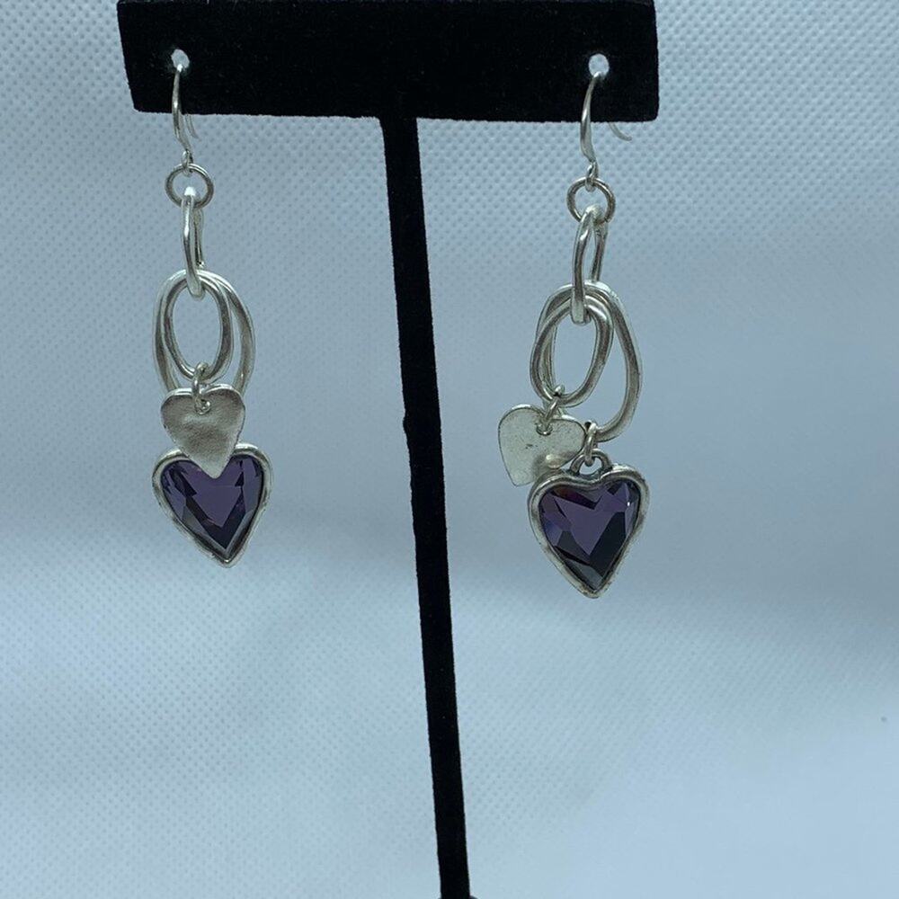 Silver and Amethyst Heart Drop Earrings